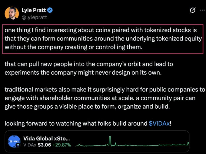 Tweet from Lyle Pratt (@lylepratt) highlighting the text: 'one thing I find interesting about coins paired with tokenized stocks is that they can form communities around the underlying tokenized equity without the company creating or controlling them.' It also shows a stock chart for VIDAx at $3.06 (+29.87%).