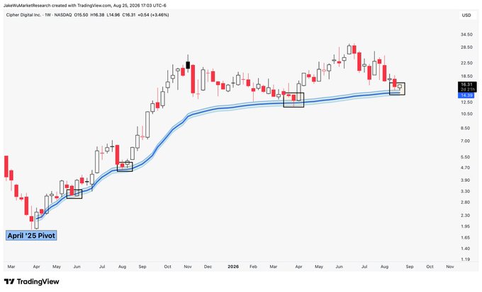 A TradingView weekly chart of Cipher Digital Inc. ($CIFR) on NASDAQ showing price holding at the VWAP zone (highlighted by black boxes) around $15.50, consistent with the post noting the stock is holding up at the VWAP zone this week.