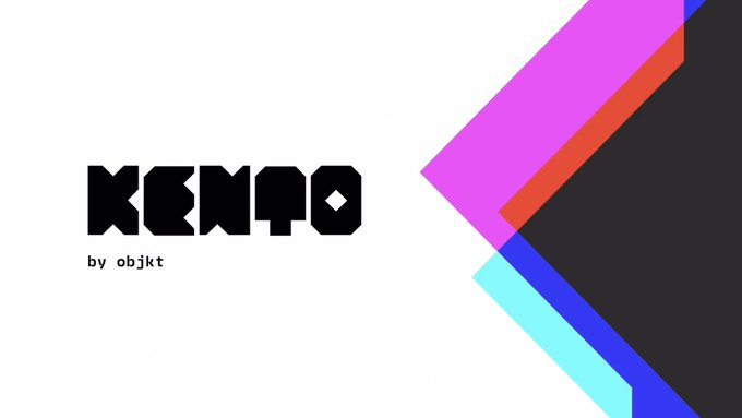 A white background displaying the bold black text 'KENPO by objkt' on the left, with overlapping magenta, red, blue, cyan, and black geometric shapes on the right.