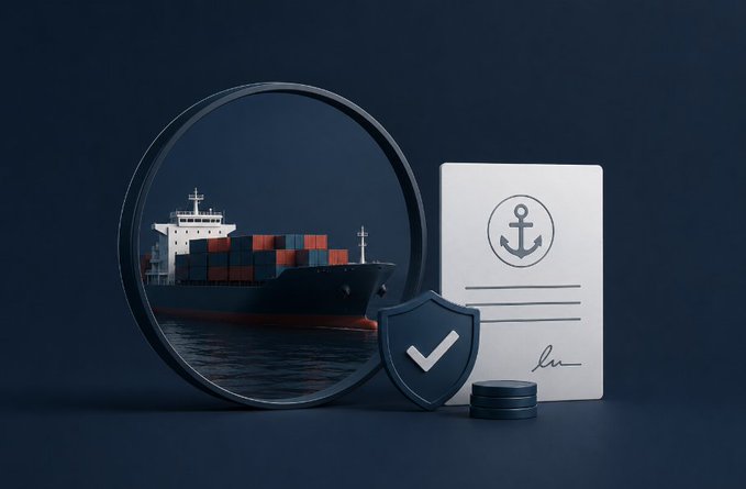 A 3D rendering featuring a cargo ship viewed through a circular frame, next to a document with an anchor symbol and a blue shield with a white checkmark on a dark blue background.