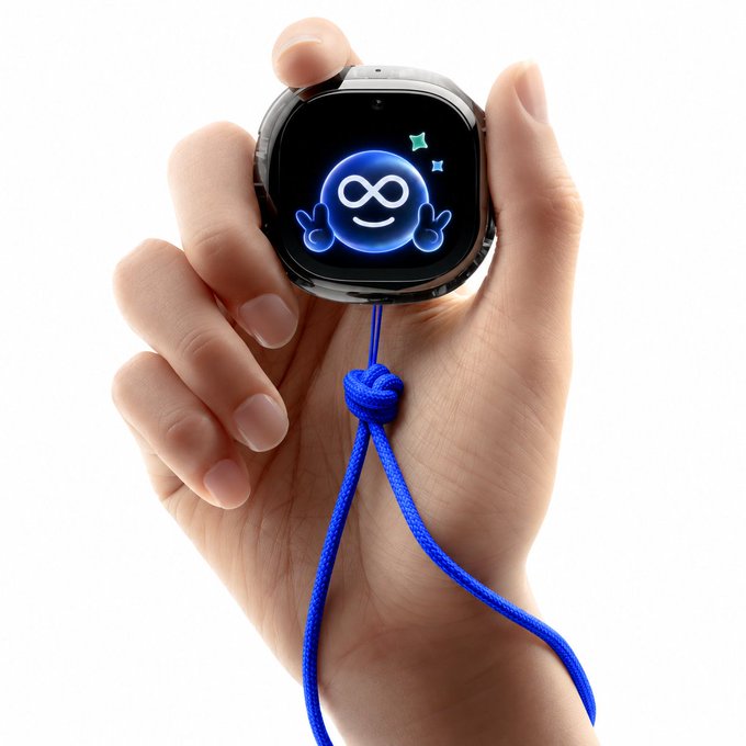 A hand holds a smartwatch displaying a glowing blue infinity symbol mascot with sparkles, tied with a blue string. The image visually reinforces the post's message by symbolizing "always with you" accessibility, tying into the "#TradingTakesTwo" theme of constant connectivity and partnership with MEXC AI.