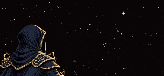 A hooded figure in black robes with intricate gold patterns on the shoulders, viewed from behind against a starry night sky.