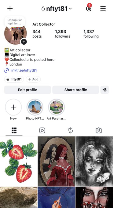 The image shows an Instagram profile for "nftyt81," an Art Collector based in London with 344 posts, 1,393 followers, and 1,337 following, featuring a grid of digital and traditional artwork including strawberries, a woman in a red dress, and pen illustrations. The post caption aligns with the screenshot, promoting the user's Instagram handle "nftyt81" where their collected art is shared.