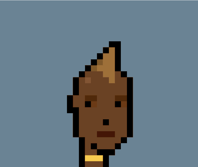 A pixel art illustration of a person's face with dark skin and a tan mohawk against a plain grey-blue background.