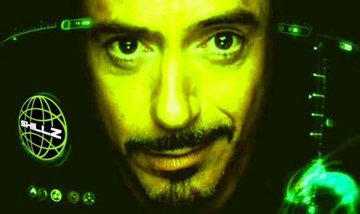A close-up portrait of a man's face is overlaid with green-tinted HUD graphics, including a wireframe globe icon and various interface symbols, evoking a sci-fi aesthetic.