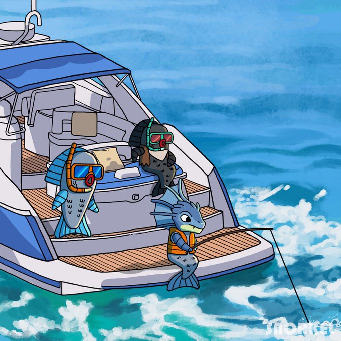 An illustration shows three cartoon fish—one wearing a snorkel mask and life vest holding a fishing rod—on the deck of a luxury yacht at sea, with the "monke" logo in the corner. The nautical, fishing-themed scene pairs with the bullish "Gm CT" $SUI post to evoke a laid-back, optimistic "big catch" mood for the Sui ecosystem.