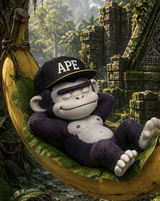 3D rendered NFT-style artwork of a sleeping monkey wearing a black 'APE' cap, lounging in a banana-shaped hammock in a jungle setting with ancient ruins in the background, with a 'PRIM' watermark visible.