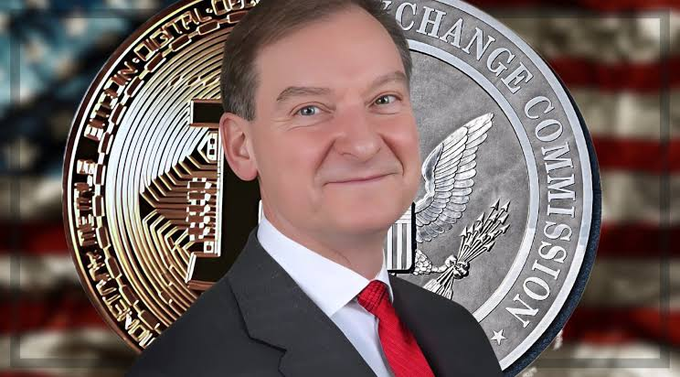 A man in a dark suit with a red tie is pictured in front of a gold coin labeled 'SECURITIES AND EXCHANGE COMMISSION' against an American flag background.