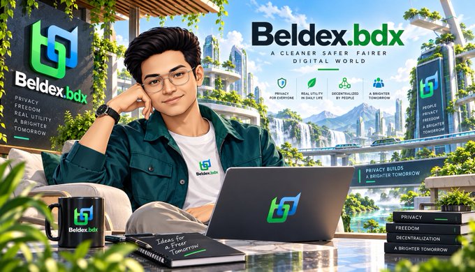 A promotional graphic for 'Beldex.bdx' featuring a young man with glasses using a laptop branded with the Beldex logo, set against a futuristic eco-city backdrop, with text highlighting privacy, decentralization, and a 'cleaner, safer, fairer digital world.'