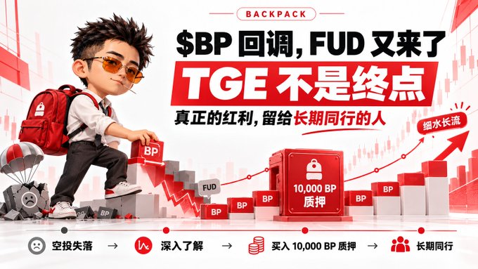 A promotional graphic for Backpack with Chinese text reading '$BP 回调, FUD 又来了' and 'TGE不是终点', featuring a 3D cartoon character with a backpack walking down steps with BP tokens, while a chest shows '10,000 BP 质押' and an upward arrow labeled '细水长流'.