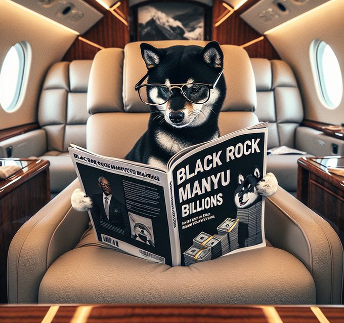 The image features a dog wearing glasses sitting inside an airplane seat, holding up a magazine titled "Black Rock Manyu Billions". The caption of the image reads "$MANYU hits differently. Sassy black shiba with main character energy turning meme into movement. Low cap, high vibes - this one's cooking Who’s riding with the pack? #MANYUARMY"".