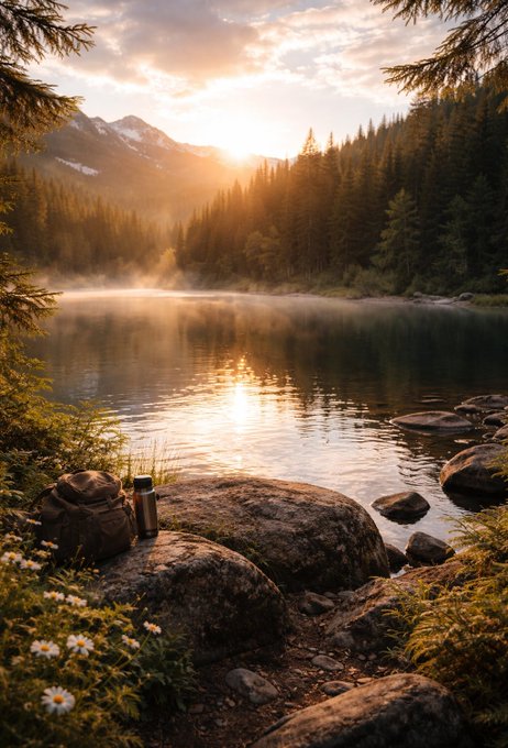 The image features a beautiful lake surrounded by trees and mountains during sunrise or sunset. A cup can be seen sitting on one of the rocks near the water's edge. In addition, there are flowers nearby adding to the picturesque scene. The photo is accompanied by a caption that reads "GM good morning keeping an eye on a few projects that are quietly building through the noise: @NomismaNetwork @TheARCTERMINAL @sleepagotchi @useTria @quipnetwork each team is tackling a different piece of the puzzle, from infrastructure to user experience and AI".