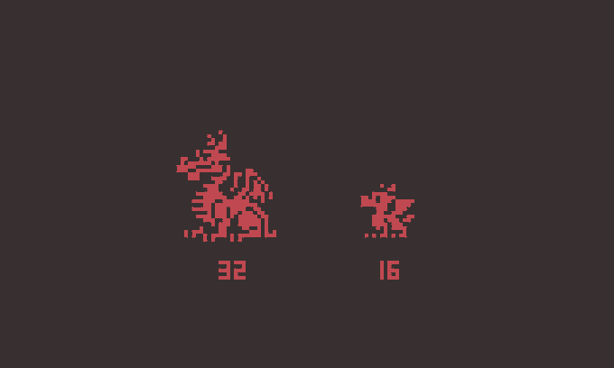 A minimalist black screen displaying two red pixel art dragon-like creatures with the numbers '32' and '16' beneath them.