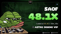 A graphic shows Pepe the Frog with a green-themed display featuring "$AOF" at 48.1X with a called price of 41.1% at 10M, 45d, labeled "ASTRO DEGENS VIP," promoting a successful Solana trade.