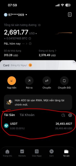 A screenshot of a cryptocurrency exchange app in Vietnamese showing a total asset value of 2,691.77 USD and 26,493.4827 USDT, circled in red.