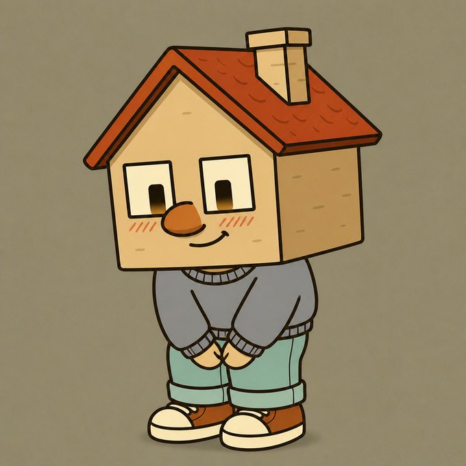 An illustration of a cute character with a cartoonish house for a head, wearing a gray sweater and teal pants, standing with hands clasped.