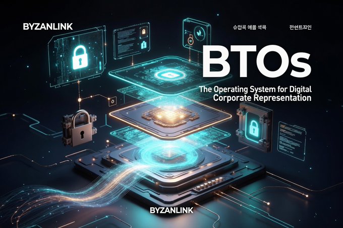 A promotional banner for "BTOS" by BYZANLINK, described as "The Operating System for Digital Corporate Representation," featuring futuristic glowing tech imagery with padlock and processor motifs, alongside Korean text. The image visually supports a post inviting users to participate in a pre-sale via the provided Byzanlink referral link.