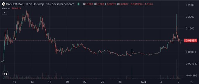 A Dexscreener chart shows the CASHCAT/WETH pair on Uniswap trading at 0.09897, down 1.91% on volume of 99.841K after a recent price spike to around 0.2000 that followed a long period of consolidation near 0.05–0.10, illustrating the pullback entry opportunity referenced in the caption.