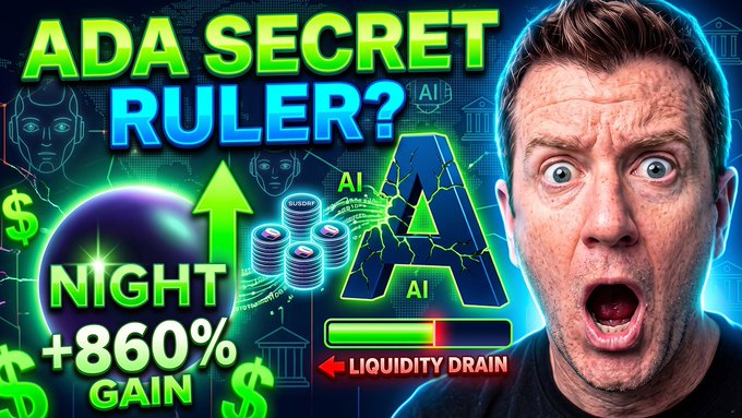 YouTube thumbnail-style image featuring a shocked man alongside text "ADA SECRET RULER?", "NIGHT +860% GAIN", "AI", and "LIQUIDITY DRAIN" with a cracked ADA logo.