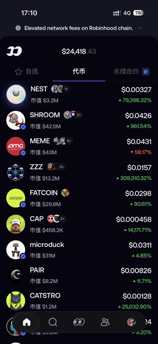 A screenshot of a crypto portfolio app showing a $24,418.43 balance, with MEME up 79,396.32% and other tokens listed.