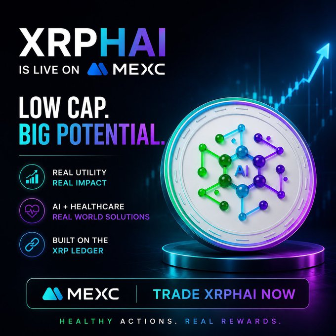 Promotional graphic announcing that cryptocurrency "XRPHAI" is live on the MEXC exchange, highlighting its low cap, AI and healthcare utility, and built on the XRP ledger.