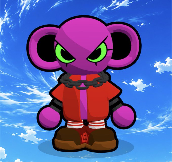 A purple cartoon mouse character with green eyes, wearing a red shirt, chain necklace, and brown shoes stands against a bright blue sky with wispy clouds. The bold, edgy character appears to be the newly revealed NFT "Omen" by TheGodPull, with its fierce expression and accessories reflecting a rebellious aesthetic.