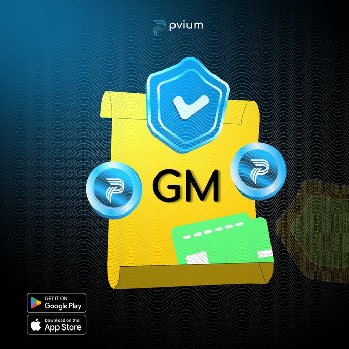 A promotional graphic for 'pvium' featuring a yellow scroll marked 'GM' with blue shields and coin icons, available on Google Play and the App Store.