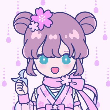A chibi-style anime illustration of a girl with purple hair in double buns, teal eyes, and a pink kimono adorned with cherry blossom motifs and a flower hair accessory.