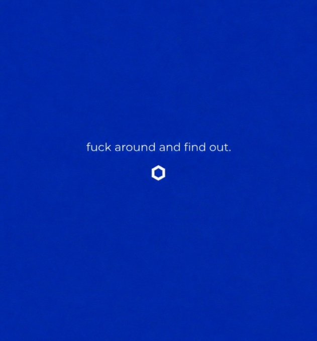 A solid blue screen displaying the phrase 'fuck around and find out.' with a small hexagonal icon beneath it.