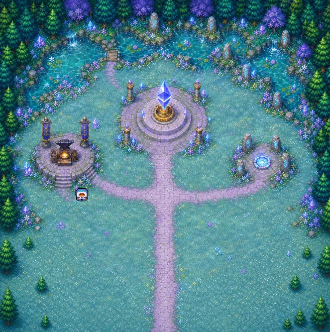 A vibrant pixel-art game map showcases a mystical forest clearing with a glowing blue crystal at its center, connected by stone paths to a treasure chest altar and a magical portal, reflecting the updated Etheria zone with its redesigned layout and new quests from soltokemons.com.