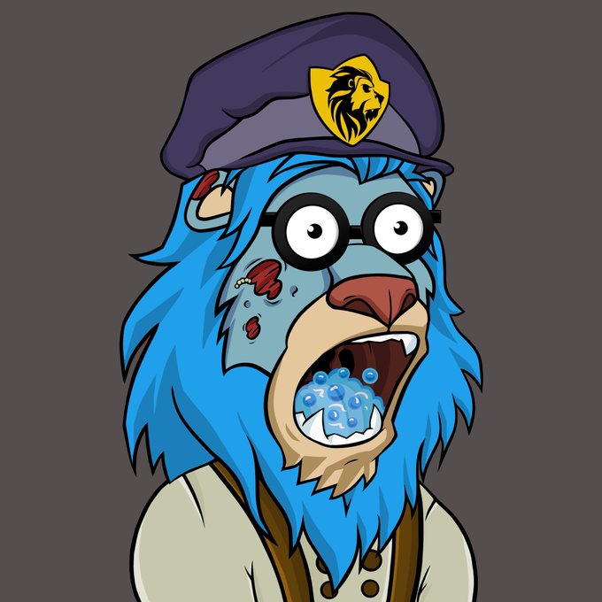 A cartoon illustration of a blue, wide-eyed lion-like character wearing a purple cap with a yellow crest and a tan shirt.