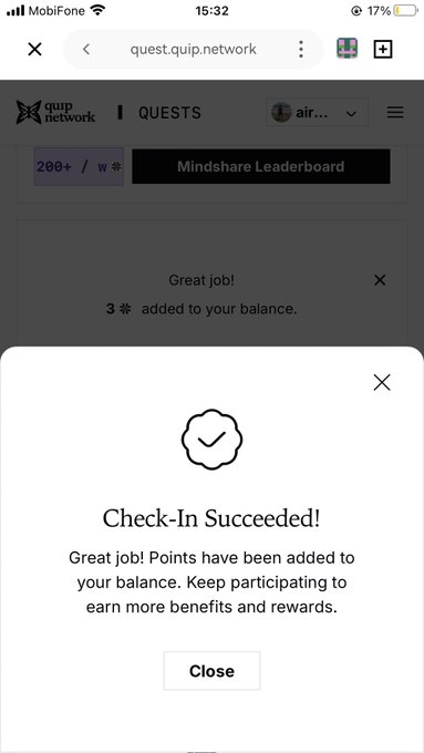 A mobile screenshot of quest.quip.network showing a "Check-In Succeeded!" popup confirmation, with 3 points added to the balance.