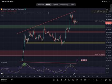 A TradingView chart for BTC/USD showing a bearish market structure with descending price action, a red downward trendline, a horizontal resistance level near $93,000-$94,000, and the RSI indicator at the bottom.