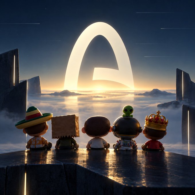 A stylized 3D-rendered scene of five small cartoon figures sitting on a ledge facing a glowing Arc logo monument rising above clouds at sunset, with one figure appearing to be the Pepe the Frog character.