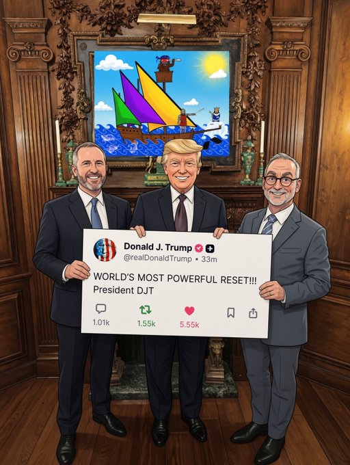 A stylized illustration depicts three men in suits holding a giant social media post attributed to 'Donald J. Trump @realDonaldTrump' that reads 'WORLD'S MOST POWERFUL RESET!!! President DJT', with a painting of a colorful ship behind them.