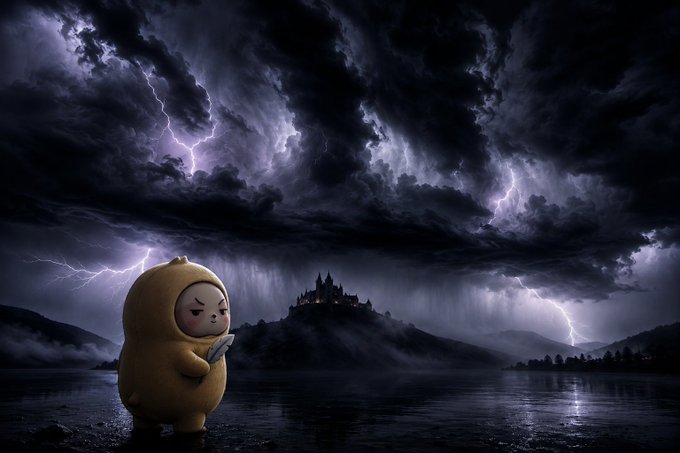 A surreal digital artwork featuring a cute cartoon character in a yellow hooded suit looking at a tablet, standing before a dark lake with a Gothic castle on a hill, beneath an ominous stormy sky with lightning.