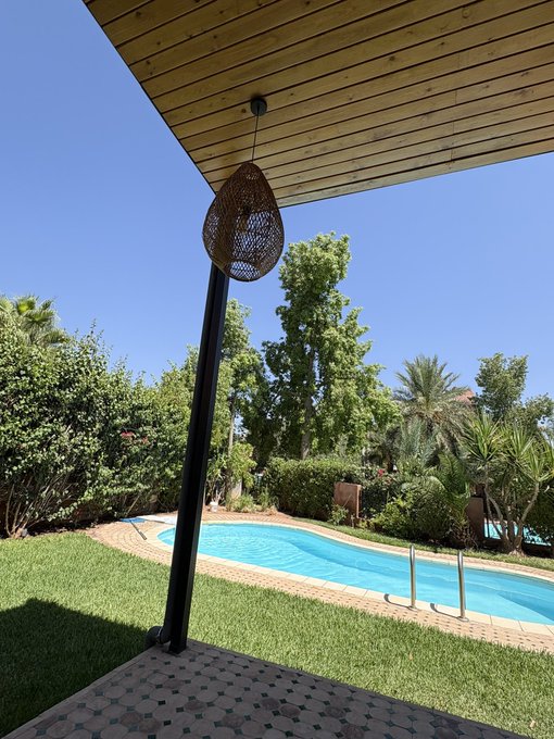 A view from under a wooden pergola shows a turquoise swimming pool surrounded by lush green palm trees and shrubbery on a sunny day, with a hanging woven pendant light overhead. The serene outdoor setting reflects the casual "good morning" greeting, capturing a peaceful, vacation-like vibe.