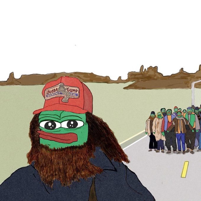 A cartoon-style drawing featuring a Pepe the Frog character with a large brown beard wearing a red Bubba Gump Shrimp Co. baseball cap in the foreground, with a group of other Pepe-like characters standing on a road in the background against a desert landscape.
