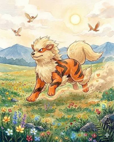 A watercolor-style illustration of a striped orange and cream canine Pokémon (Arcanine) standing in a meadow of colorful wildflowers with mountains and flying birds in the background.