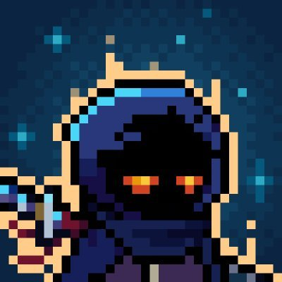 Pixel art style character with glowing orange eyes, wearing a dark hooded robe and holding what appears to be a weapon, set against a starry dark blue background.