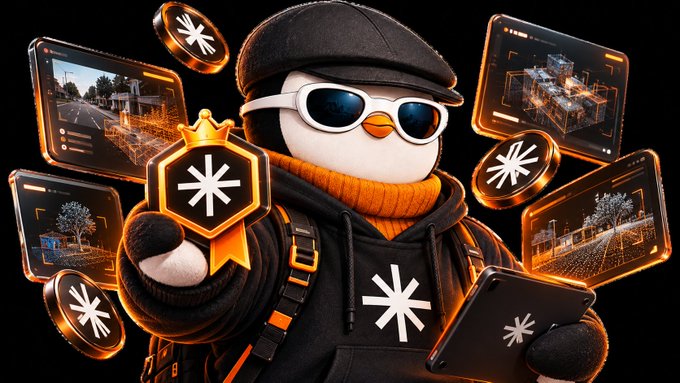 A 3D-rendered penguin mascot wearing a black cap, orange scarf, sunglasses, and backpack, holding a tablet and a Kaspa cryptocurrency coin with holographic screens floating around.