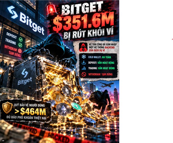 A graphic depicting a hacker breaching Bitget, stating 'BITGET $351.6M BỊ RÚT KHỎI VÍ' and mentioning a $464M user protection fund.
