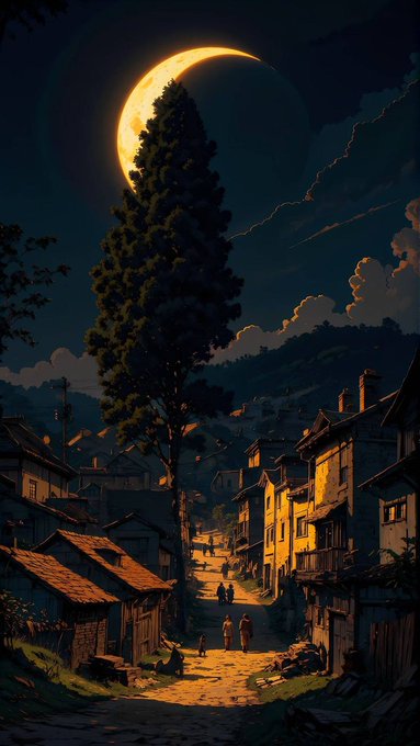 The image features a nighttime scene of a small village with houses and trees, including a large tree that appears to be a crescent moon. The sky above the village has a dark blue hue, creating an atmosphere of mystery and tranquility. In the foreground, there are two people walking down a path near the center of the image. The post about Web3 also includes a reference to Bitcoin, which is related to the overall theme of digital currency and its impact on society.
