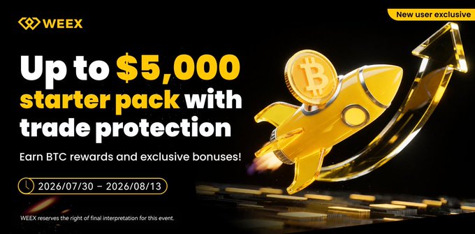 A promotional banner for WEEX advertises an "Up to $5,000 starter pack with trade protection," offering BTC rewards and exclusive bonuses for new users, with a 3D golden rocket carrying a Bitcoin coin. The campaign runs from 2026/07/30 to 2026/08/13, aligning with the post's announcement of a starter pack rewarding users with up to $5,000 in BTC position airdrops and trading perks.