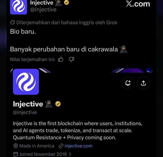 An X.com profile page for 'Injective' (@injective) showing their translated bio and updated description about blockchain for users, institutions, and AI agents.
