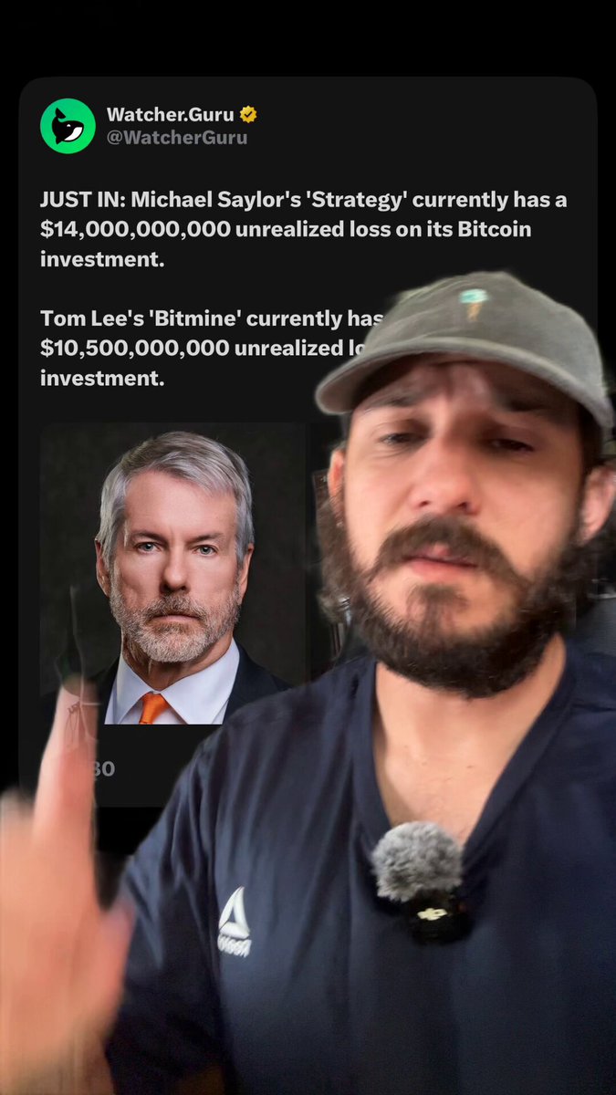 A man wearing a cap and Reebok shirt speaks in front of a screenshot of a Watcher.Guru tweet reporting that Michael Saylor's Strategy has a $14 billion unrealized loss and Tom Lee's Bitmine has a $10.5 billion unrealized loss on their Bitcoin investments, visually supporting the take that these losses are insignificant for long-term believers in BTC and ETH.
