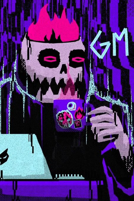 A stylized, glitch-art illustration of a skull-headed figure with a flame-like mohawk holding a mug, set against a purple and black glitchy background with 'GM' written in cyan.