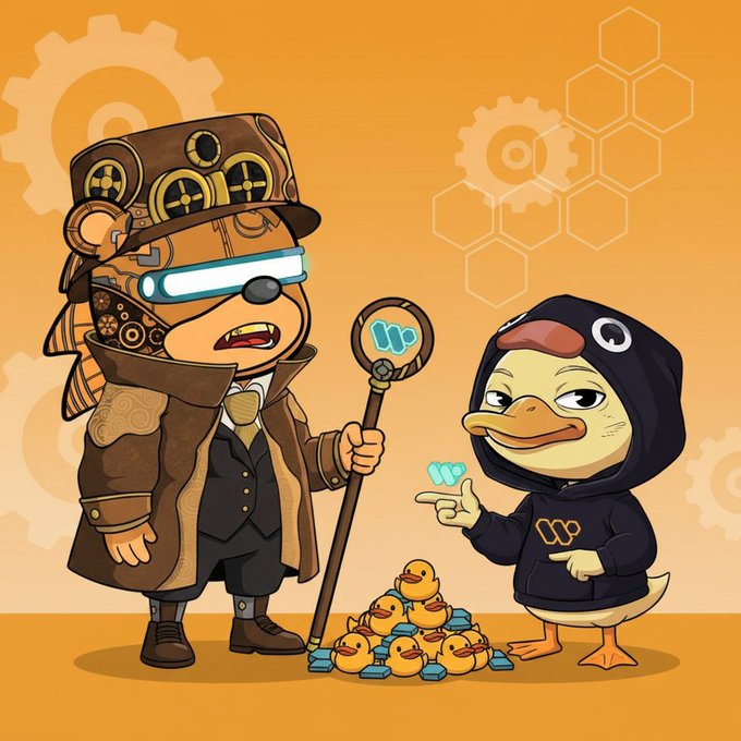 The image features a cartoon duck wearing a hoodie, standing next to a cartoon bear dressed as a steampunk character with goggles and a hat. The bear has a cane in one hand and a magnifying glass in the other. They are surrounded by a pile of ducks, which appear to be made up of yellow rubber ducks. The background is an orange color that resembles gears or a clock face, adding to the steampunk theme.