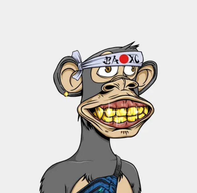 A cartoon chimpanzee with a wide grin and gold teeth wears a white headband reading "BAYC" alongside the Japanese flag. The character represents the Bored Ape Yacht Club NFT collection, serving as a playful "good morning" image to kick off the week.