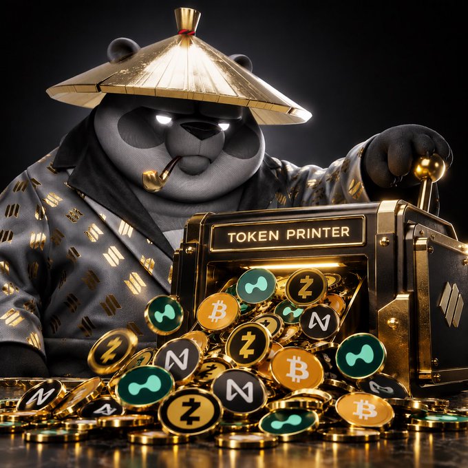A panda wearing a conical straw hat operates a gold-plated "TOKEN PRINTER" machine, churning out a pile of crypto coins bearing tickers like BTC, Z, and N.

The image visually amplifies the post's excitement over Solana tokens, depicting a "token printer" literally spewing out crypto coins as a tongue-in-cheek nod to the meme-coin "printer" narrative that traders love to joke about.